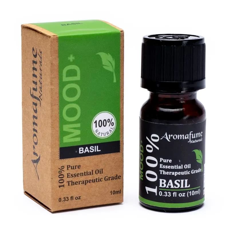 Eine braune Schachtel mit der Aufschrift „Aromafume Mood+ Basil“ neben einer dunklen 10-ml-Flasche mit 100 % reinem ätherischen Öl, Basilikum in therapeutischer Qualität.