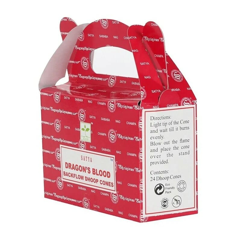 Eine rote Schachtel mit einem Drachenblut-Etikett darauf.