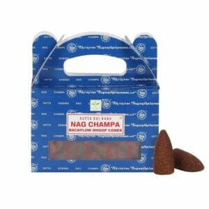 Nag Champa Räucherstäbchen in einer blauen Box.
