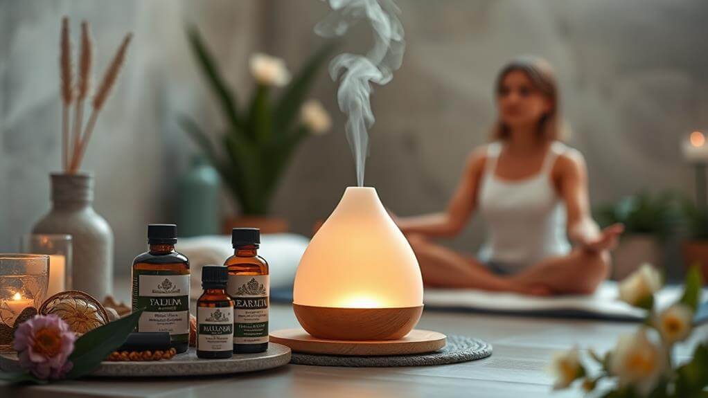 Ein Diffusor gibt Dampf auf eine Holzmatte mit Flaschen mit ätherischen Ölen ab, während im unscharfen Hintergrund eine Frau meditiert und ihr emotionales Wohlbefinden durch Aromatherapie steigert.