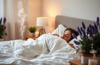 Eine Frau schläft in einem gemütlichen Bett mit weißer Bettwäsche, umgeben von Lavendelpflanzen in Töpfen, Kerzen und sanfter Umgebungsbeleuchtung, die durch Aromatherapie die Schlafqualität verbessert.