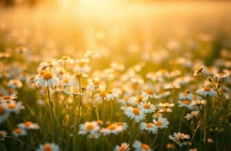 Ein Feld aus Gänseblümchen und Kamille, das im warmen, goldenen Sonnenlicht schimmert, mit einem weichen, verschwommenen Hintergrund, der an die spirituellen Vorteile der Natur und der Aromatherapie erinnert.