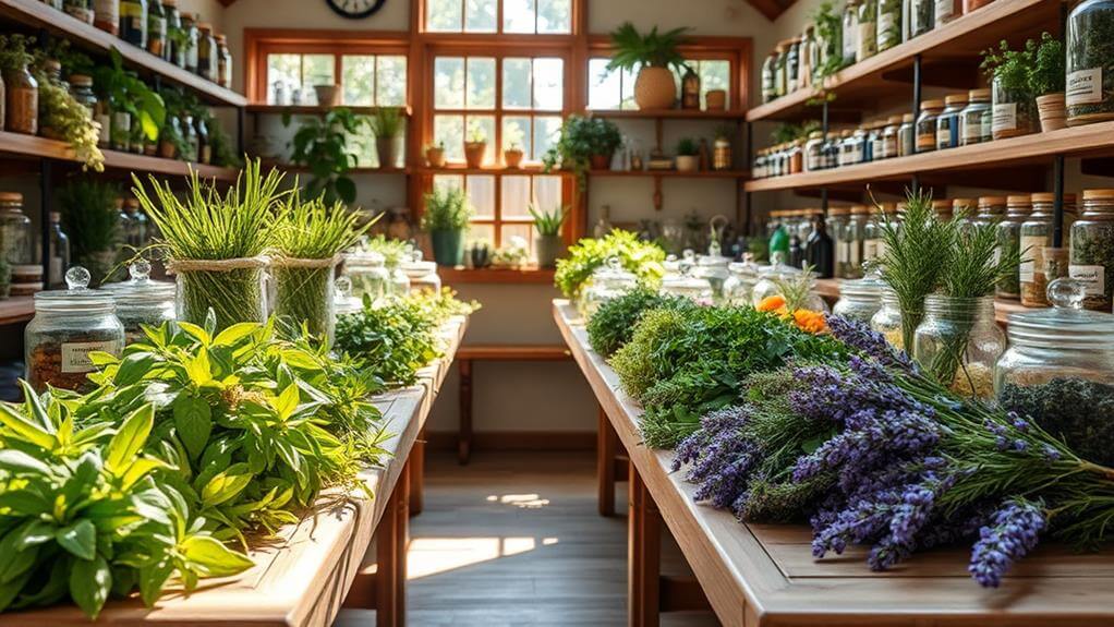 Ein sonnendurchfluteter Kräuterladen mit Gläsern getrockneter Kräuter und frischen Pflanzen auf Holztischen und Regalen bietet einen einladenden Raum für diejenigen, die Kräuterheilmittel suchen. Helle Fenster im Hintergrund tragen zur ruhigen Atmosphäre bei und verstärken das Gefühl energetischer Reinigung im gesamten Raum.