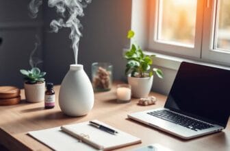 Ein aufgeräumter Schreibtisch mit Laptop, Notizbuch, Diffusor für ätherische Öle, der Nebel für geistige Klarheit abgibt, Pflanzen, einer Kerze und einer Flasche ätherischer Öle.