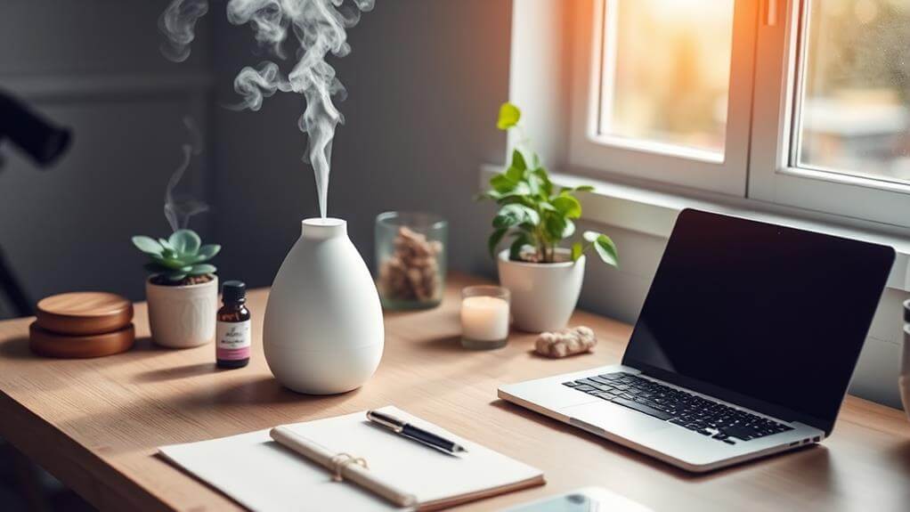 Ein aufgeräumter Schreibtisch mit Laptop, Notizbuch, Diffusor für ätherische Öle, der Nebel für geistige Klarheit abgibt, Pflanzen, einer Kerze und einer Flasche ätherischer Öle.