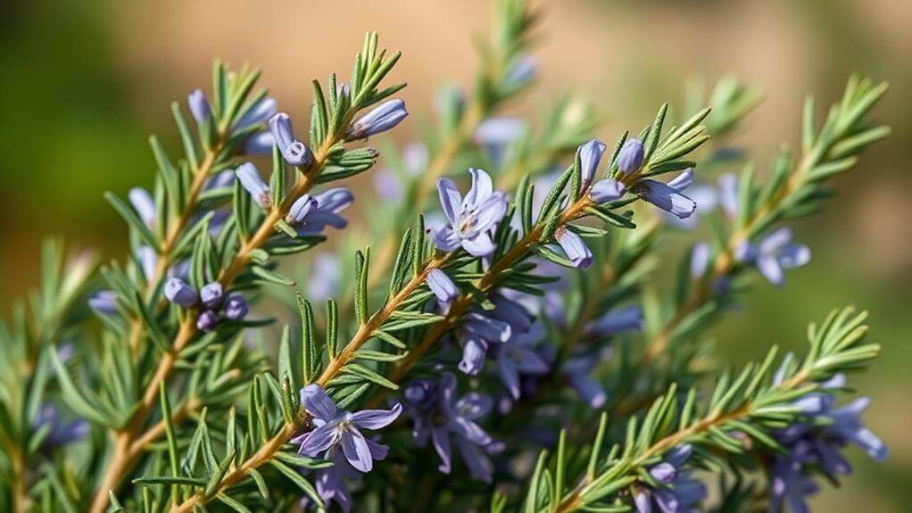 Nahaufnahme einer Rosmarinpflanze mit dünnen grünen Blättern und kleinen, zarten lila Blüten in voller Blüte, die oft in Rosmarinöl wegen ihres Potenzials als Konzentrationssooster verwendet wird. Unscharfer Hintergrund.