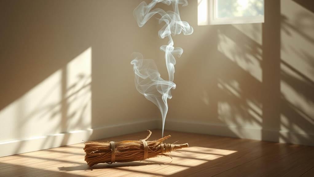 Ein Bündel Salbei glimmt auf einem sonnenbeschienenen Holzboden und erfüllt den ruhigen, lichtdurchfluteten Raum mit wirbelndem Rauch – eine perfekte Kulisse für Reinigungsrituale bei „Zuhause“.