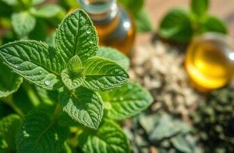 Nahaufnahme von frischen Minzblättern mit Wassertropfen, ätherischen Ölflaschen und getrockneten Kräutern im unscharfen Hintergrund – perfekt für vielseitige Anwendungen oder eine belebende Atemerfrischung mit Pfefferminzöl.